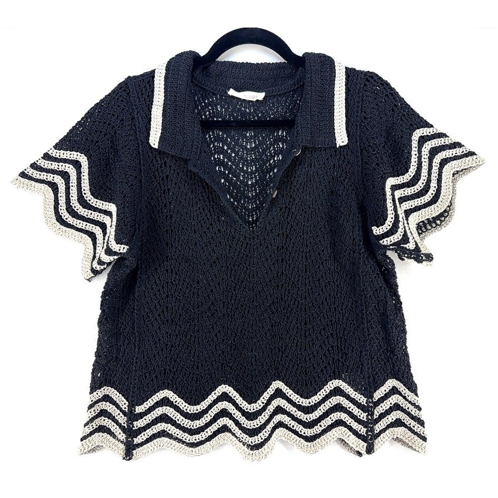 Black Crochet Knit Preppy Collared Top Cream Chevron Trim Sleeves Cottagecore M
